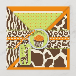 Convite Orange Safari Giraffe & Cupcake Primeiro Aniversá