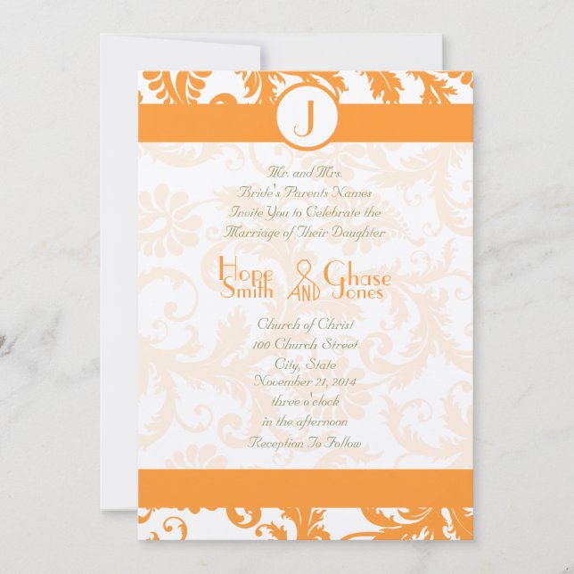 Convite Orange Sherbert Damask Monogram Wedding Invitation (Frente)