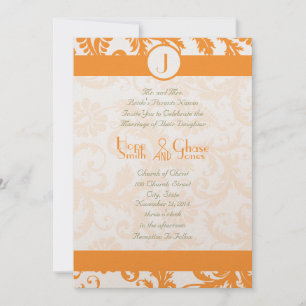 Convite Orange Sherbert Damask Monogram Wedding Invitation
