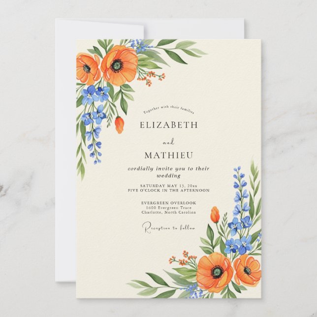 Convite Orange Spirited Wildflower Wedding (Frente)