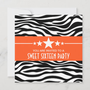 Convite Orange Stars Zebra Print Sweet 16 Invite