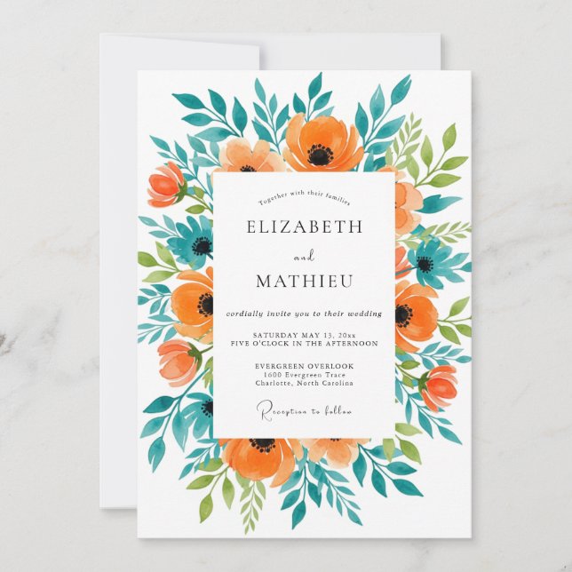 Convite Orange Sublime Summer Botanical Wedding (Frente)