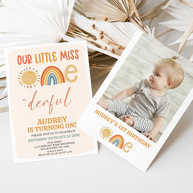 Convite Orange Sun Rainbow Miss primeiro aniversario Marav (Our Little Miss Onederful 1st Birthday Invitation Template, Modern Miss Onederful 1st Birthday )
