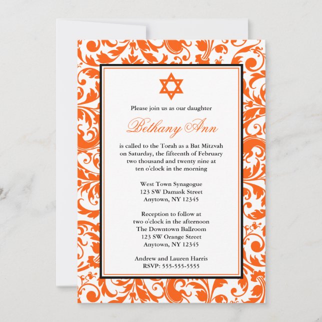 Convite Orange Swirl Damask Bat Mitzvah Invants (Frente)