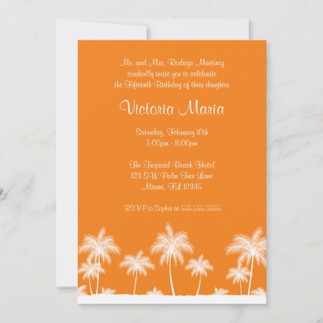 Convite Orange Tropical Beach Palm Tree Quinceanera Party (Frente)