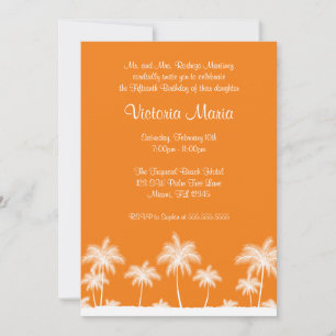 Convite Orange Tropical Beach Palm Tree Quinceanera Party