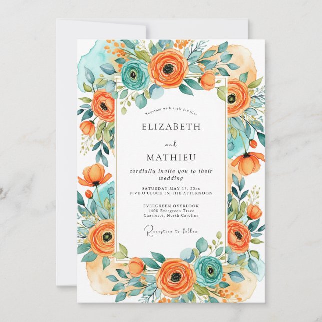 Convite Orange Turquoise Alluring Summer Wedding (Frente)