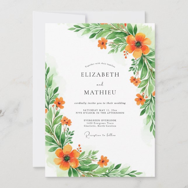 Convite Orange Verdant Botanical Wedding (Frente)