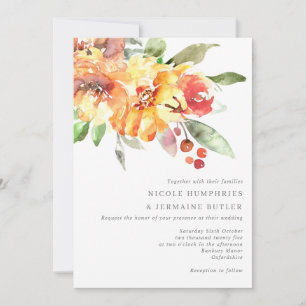 Convite Orange Watercolor Flowers Casamento Invitation