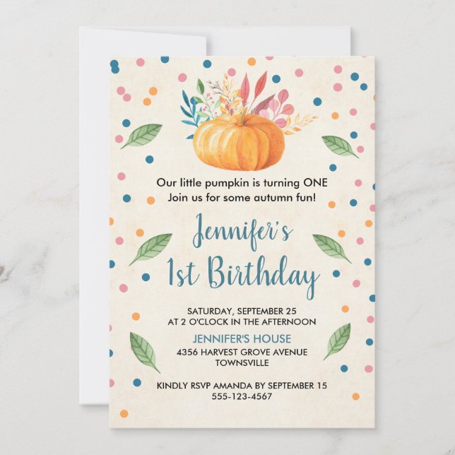 Convite Orange Watercolor Pumpkin Birthday (Frente)