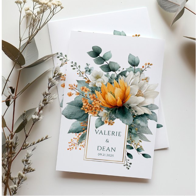 Convite Orange White Floral Eucalyptus Gold Frame (Criador carregado)