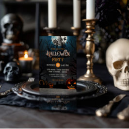 Convite Orange & White Hunted HouseFesta de Halloween Conv