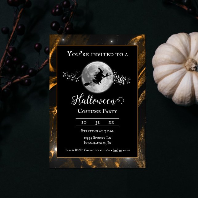 Convite Orange Witette Silhouette Festa de Halloween (Orange Witch Silhouette Halloween Party Invite)