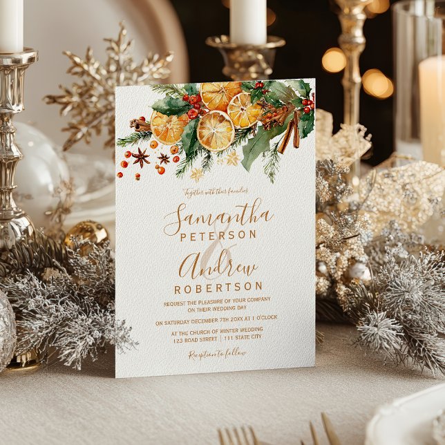 Convite Orange Wreath Citrus Christmas winter wedding (Orange Wreath Citrus Christmas winter wedding Invitation)