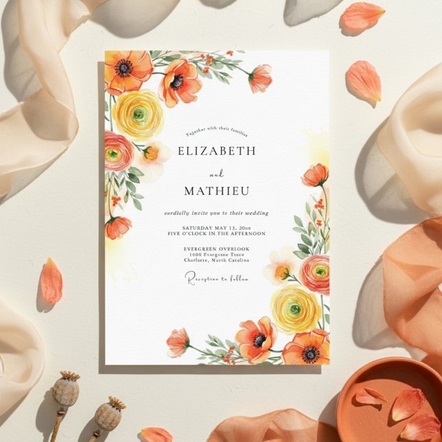 Convite Orange Yellow Botanical Romance Wedding (Criador carregado)
