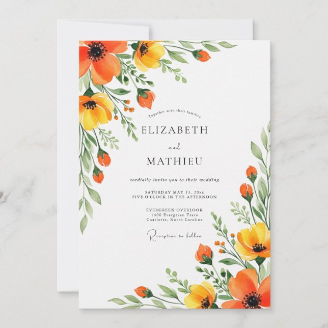 Convite Orange Yellow Floral Flourish Wedding (Frente)