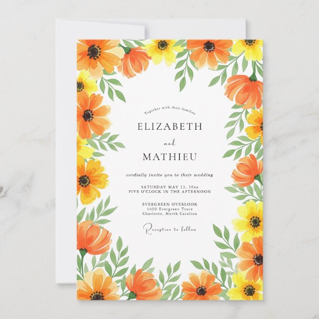 Convite Orange Yellow Floral Whimsy Wedding (Frente)