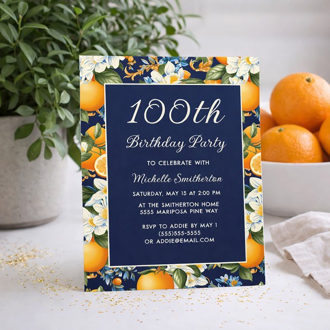 Convite Oranges White Flowers Navy Blue 100th Birthday (Oranges on navy blue 100th birthday party invitation)