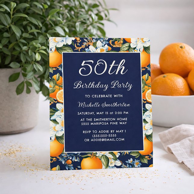 Convite Oranges White Flowers Navy Blue 50th Birthday (Oranges on navy blue 50th birthday invitation)