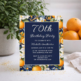 Convite Oranges White Flowers Navy Blue 70th Birthday