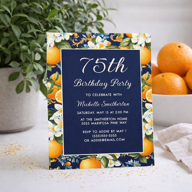 Convite Oranges White Flowers Navy Blue 75th Birthday (Oranges on navy blue 75th birthday invitation)