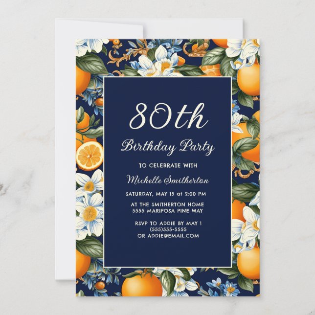 Convite Oranges White Flowers Navy Blue 80th Birthday (Frente)