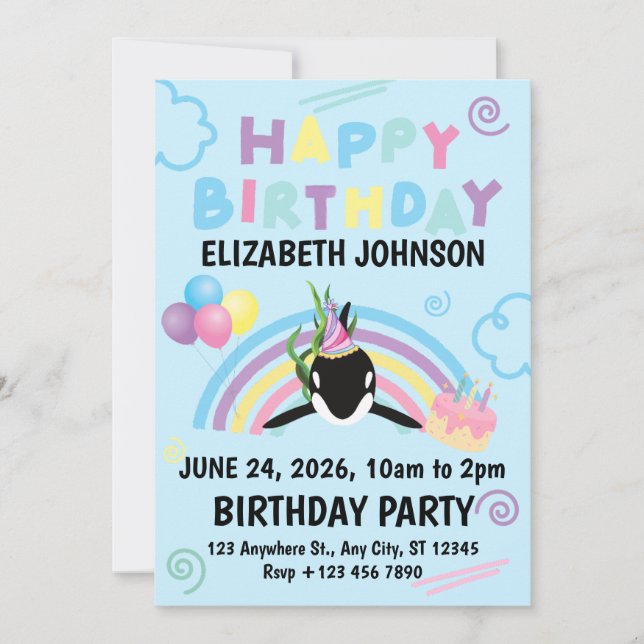 Convite Orca Birthday Invitation in Blue (Frente)
