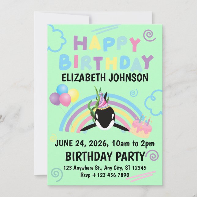 Convite Orca Birthday Invitation in Green (Frente)