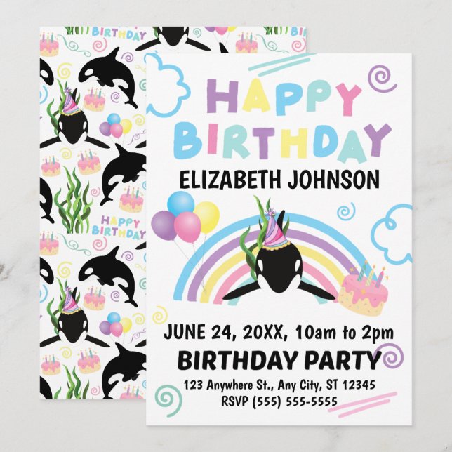 Convite Orca Birthday Invitation in White (Frente/Verso)
