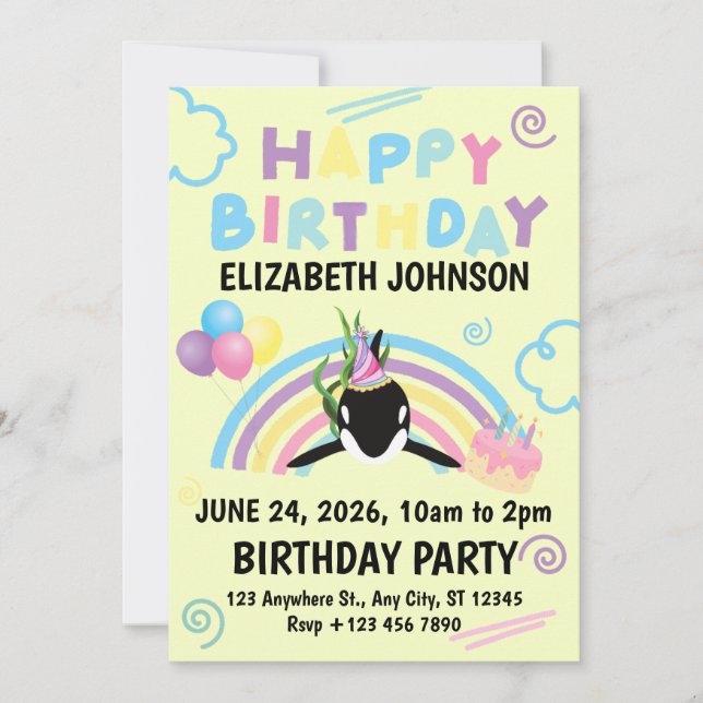 Convite Orca Birthday Invitation in Yellow (Frente)