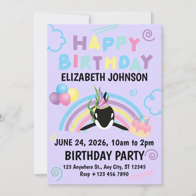 Convite Orca Birthday Party Invitation in Purple (Frente)