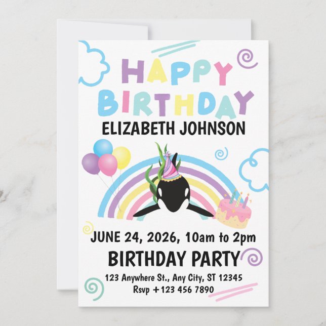 Convite Orca Birthday Party Invitation in White (Frente)