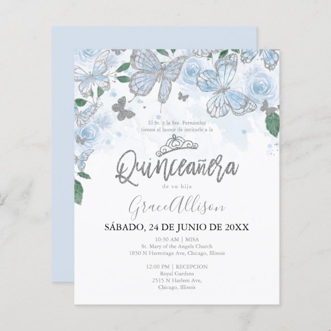 Convite Orçamental para Borboleta Quinceanera - Es (Frente/Verso)