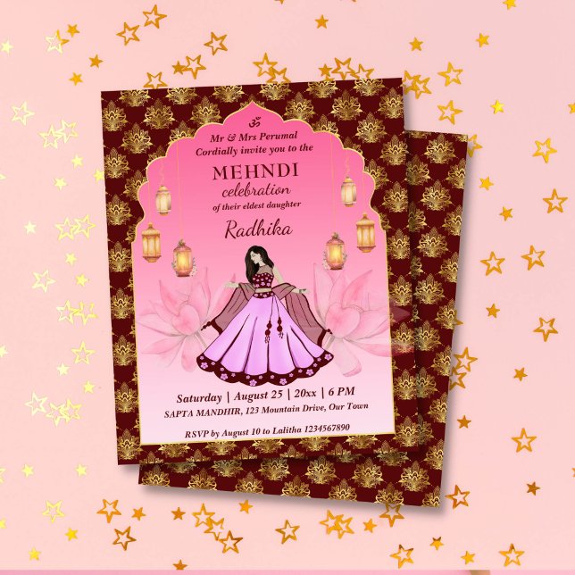Convite orçamental para noiva indiana, cor-de-rosa (Mehndi budget invitation maroon pink arch frame gold lotus dancing Indian bride Moroccan lanterns)