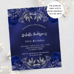 Convite orçamental para o marinho de aniversário d<br><div class="desc">Um fundo azul marinho,  decorado com rosas azuis,  flores. A cor azul é irregular. Personalize e adicione um nome e detalhes da parte. Traseira: marinho azul e falso prata brilha. 1 folha = 1 convite impresso de borda a borda.</div>