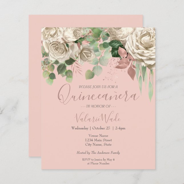 Convite Orçamental para Quinceanera, Cor-de-Rosa E (Frente/Verso)