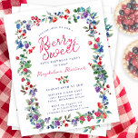 Convite Orçamentário Rustic Boho Berry aniversário<br><div class="desc">A tempo do Verão de 2024, a nossa nova marca de Verão de Berry Bliss. O patriotismo vermelho, branco e azul encontra-se com o Rustic Boho Chic. Morangos, framboesas e mirtilos de fundo branco criam uma vibração patriótica neste quadro botânico de bagas. Berry Sweet está escrito em um roteiro vermelho...</div>