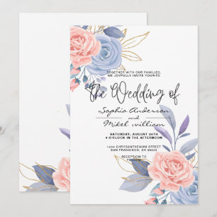 Convite Orçamento Aquarela Floral Dourado Azul e Rosa