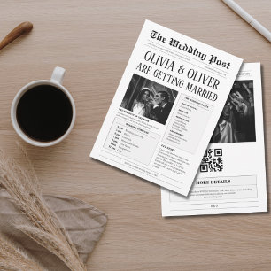 Convite Orçamento, código QR, casamento de jornal engraçad