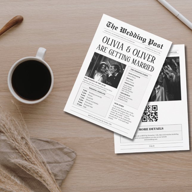 Convite Orçamento, código QR, casamento de jornal engraçad (Criador carregado)