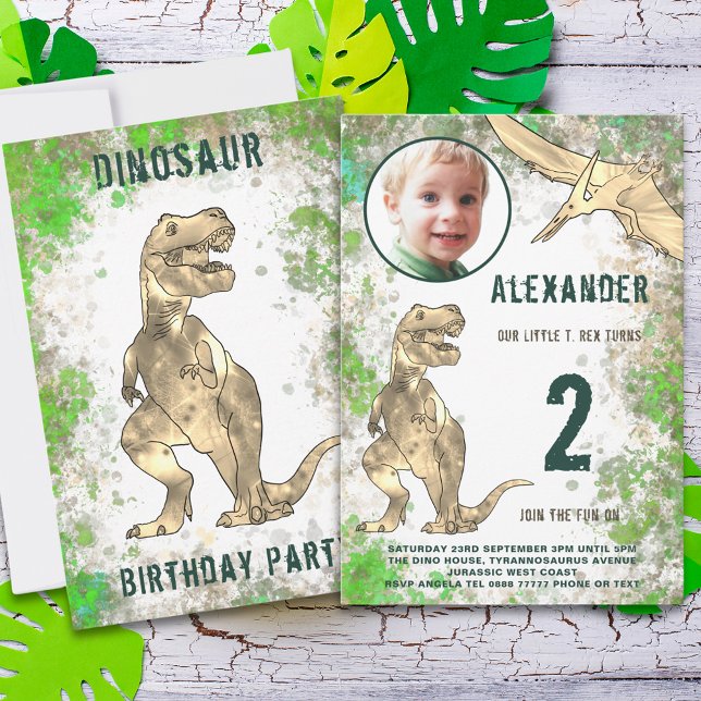 Convite Orçamento do Partido segundo aniversário Dinossaur (Dinosaur 2nd birthday party budget invitation with photo template)
