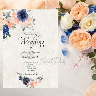 Convite Orçamento em branco Casamento floral em rosa e azu