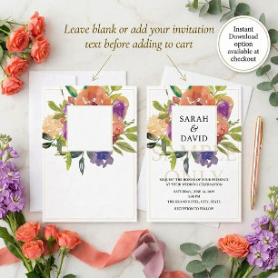 Convite Orçamento em branco Casamento floral laranja e rox