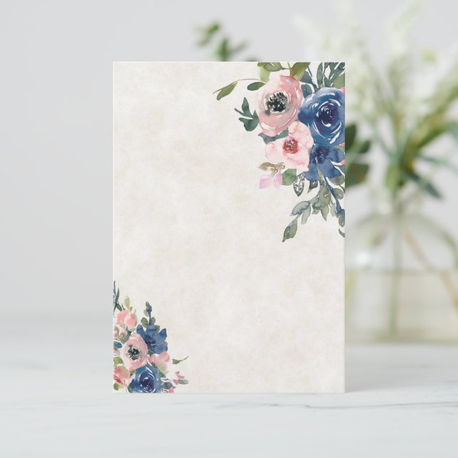 Convite Orçamento em branco Pink e floral azul casamento  (Em pé/Frente)