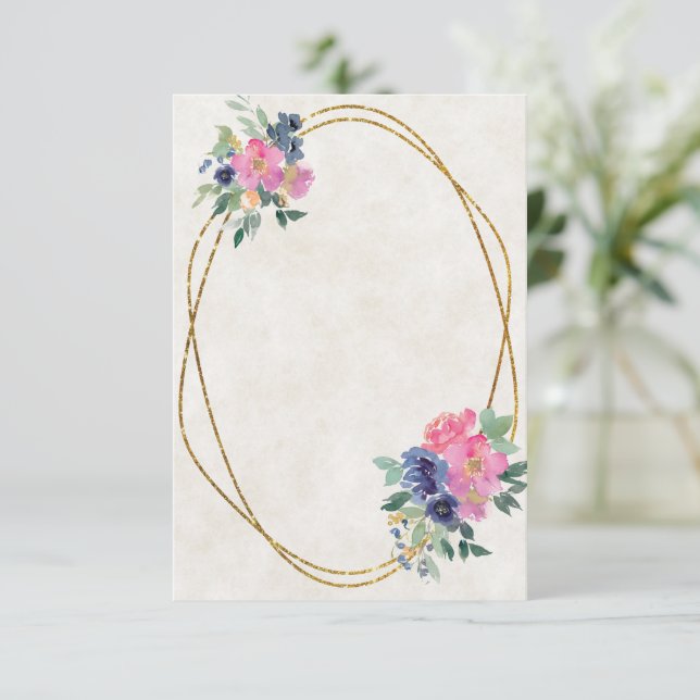 Convite Orçamento em branco Pink e floral casamento azul  (Em pé/Frente)