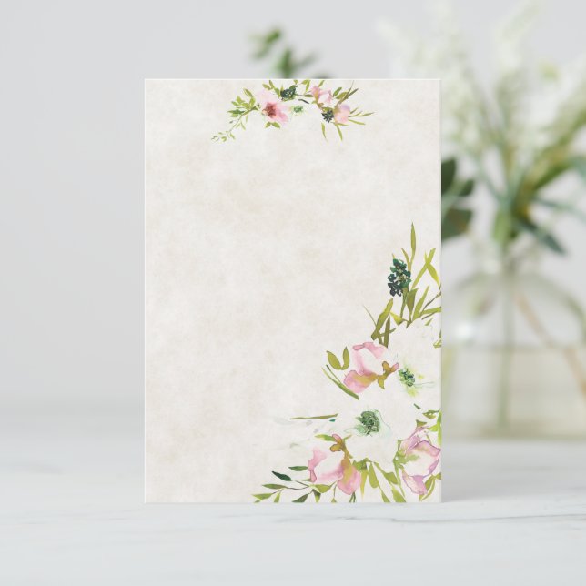 Convite Orçamento em branco Rosa e floral branco para casa (Em pé/Frente)