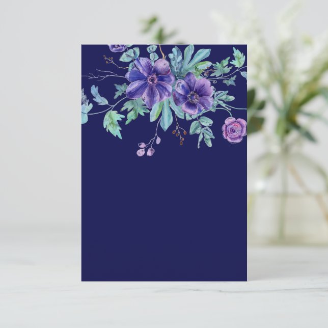 Convite Orçamento em branco Roxo e azul floral casamento  (Em pé/Frente)