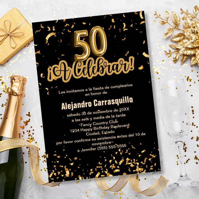 Convite Orçamento Espanhol Confetes Preto e Dourado Aniver (Criador carregado)