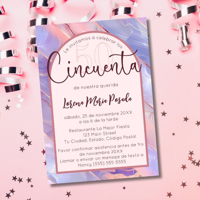 Convite Orçamento Espanhol Púrpura Rosa Agate 50º Aniversá (Criador carregado)