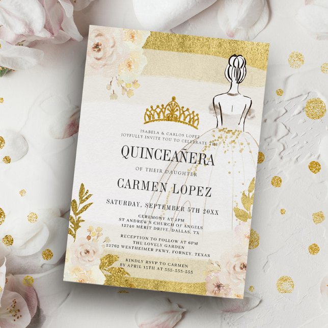 Convite Orçamento Floral Glitter Dourada Princesa Quincean (Criador carregado)